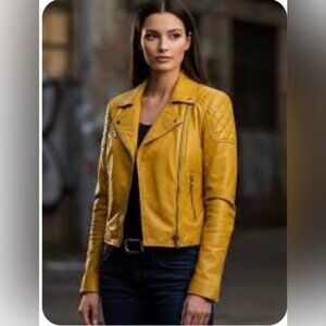New York & Company Yellow Faux Leather Jacket